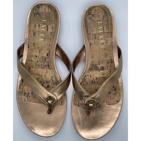 Lauren Ralph Lauren Kira Gold Thong Slip On Casual Sandals Size 8B - Picture 3 of 7